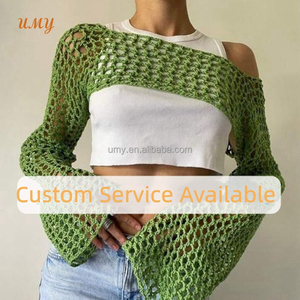 Autunno donna Crochet Fishnet Vacation Wear Outfit Handmade manica lunga Crop Top produttore di <span class=keywords><strong>abbigliamento</strong></span> <span class=keywords><strong>Bolero</strong></span> Shrug per le donne - Product Image 2