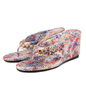 Big Size 45 Women Clip Toe Colorful Upper Sandals High Wedge Heels Rhinestones <b>Shoes</b> Wide Fit Floral Prints Mules Pumps - Product Image 3
