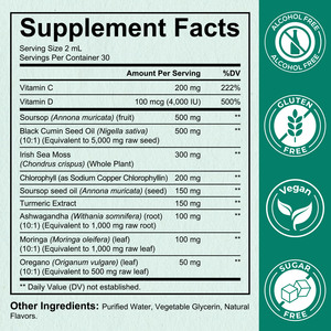 Lenm Vegan 10 en 1 Gouttes buvables amères de corossol, Algues marines, Moringa, Curcuma, Huile de nigelle, Origan, Suppléments de soutien immunitaire - Product Image 2
