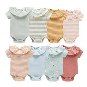 Importing baby clothes romper From China Parents Ribbed Cotton Short Sleeves Baby Girls Clothes Petal Neck