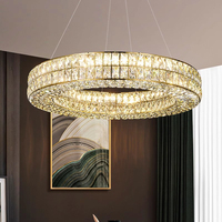Lustre moderne à 2 niveaux en cristal, luminaire suspendu circulaire LED à cadre doré, plafonnier suspendu à intensité variable pour salon