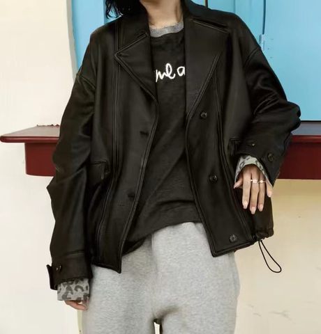 0011 Classic Black Color Combination Notched Lapel Spliced Sheepskin Outerwear European Casual Leather Coat