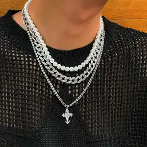 Vendita calda collana con ciondolo a forma di croce di perle a catena cubana multistrato collana da uomo in argento 3 pezzi gioielli alla moda girocollo