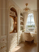 Système de dressing modulaire sur mesure style campagne française avec bibliothèque arquée et armoire rétro pour dressing