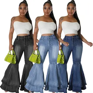 OUDINA New Fashion High Waist Ladies Trousers Vintage Stack-up Design Jeans Flared Pants For Women