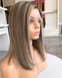 Balayage Lurus Sutra Rambut Manusia Eropa, Wig Depan Renda 13*4 Highlight <span class=keywords><strong>Ash</strong></span> Blonde Telah Ditanami dengan Rambut Bayi - Product Image 1