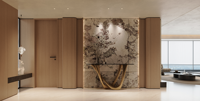 Lit de chambre italien rembourré avec rangement, taille Queen, design moderne, luxe léger, aménagement complet pour projet de villa