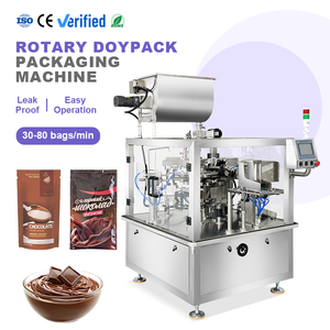 Machine d'emballage rotative automatique pour pâtes liquides et alimentaires en sachets préformés Doypack pour pâte à tartiner au chocolat, beurre de cacahuète, pâte de sésame - Product Image 1