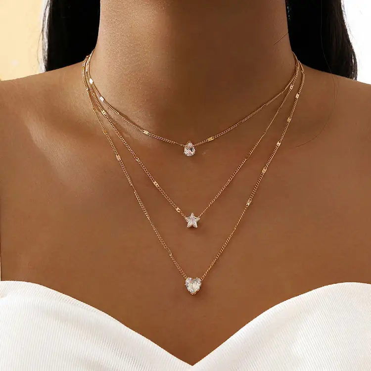 Atacado Multilayer Banhado A Ouro Gargantilha Colar Jóias Mulheres Luxo Empilhamento Clear Star Love Heart Water Drop Crystal Necklace