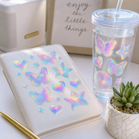 Feuille d'autocollants holographiques laser en gros, motifs papillon, cœur, étoile, arc-en-ciel, irisés, imperméables, impression personnalisée OEM, MOQ 100