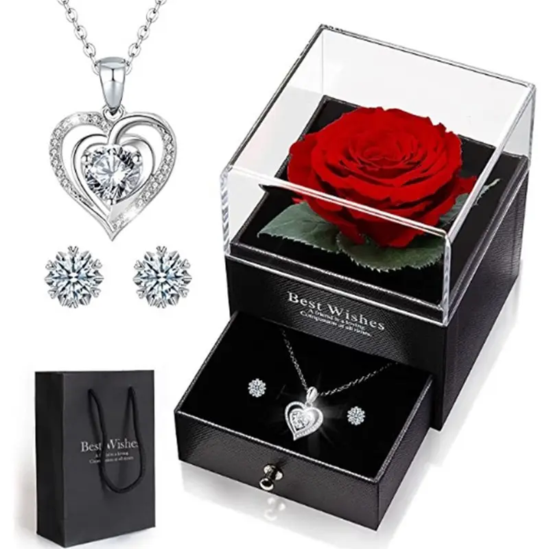 Vente en gros de boîte à bijoux rose fleur préservée 2024 collier de roses conservées boîtes fraîches cadeau de la Saint-Valentin