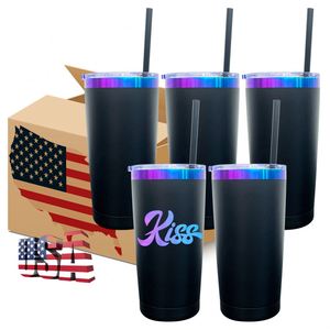 Taza de café y cerveza de viaje personalizada con logo DIY, 20 oz, morada con baño de azul, vasos térmicos negros de doble pared de 20 oz con tapas de plástico y pajitas - Product Image 1