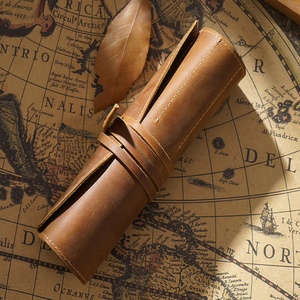 Handmade Crazy Horse Leather Pencil Case Roll-Up Pen Holder Pouch Storage Fashionable Style Scissors Sheath Brush Cover - Product Image 3