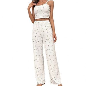 Pyjama décontracté gaufré à motif floral pour femme, taille XL, respirant, absorbant la transpiration, confortable, avec pantalon à bretelles pour la maison - Product Image 2
