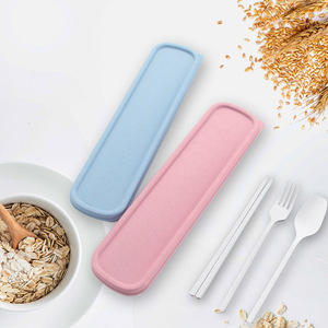 Portable Wheat Straw Cutlery Box Rectangle 22cm Fork Spoon Chopstick Storage Case Pink Sky Blue <b>Environment</b> Friendly - Product Image 1