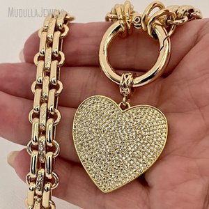 NM44338 Chunky Multilink Mosquetón Collar Brillante Chapado en Oro Texturizado Cadena Collar Micro Pave Corazón Colgante Primavera Cierre - Product Image 3