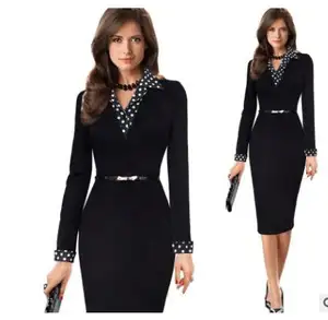 Women Vintage Black Patchwork Dots Belted Bodycon Dress Casual Wear to Work Office Business Sheath Pencil Dress