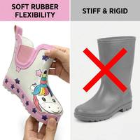 Commande en gros Bottes de pluie Chelsea en caoutchouc pour filles, style Ins, imprimé arc-en-ciel licorne étoile, rose, avec soufflet latéral élastique et boucle de traction unique