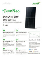 Module solaire bifacial demi-cellule Tiger Neo 605-630W avec double verre, type N, efficacité 22,72 %, boîtier de jonction IP68