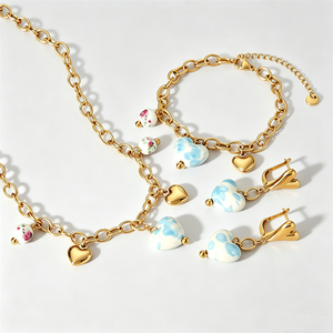 Juego de Joyería de Acero Inoxidable Chapado en Oro de 18K con Collar de Corazón de Cerámica, Pulsera y <span class=keywords><strong>Pendientes</strong></span> Colgantes para Mujer, Antideslustre, para Uso Diario, Regalo para Fiestas - Product Image 1