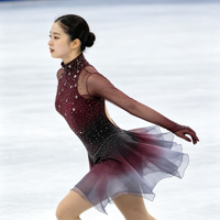 Robe de patinage artistique pour enfants, dégradé rouge vin, noir et gris, en spandex/nylon, maille ajourée, dos ouvert, ornée de strass, pour filles