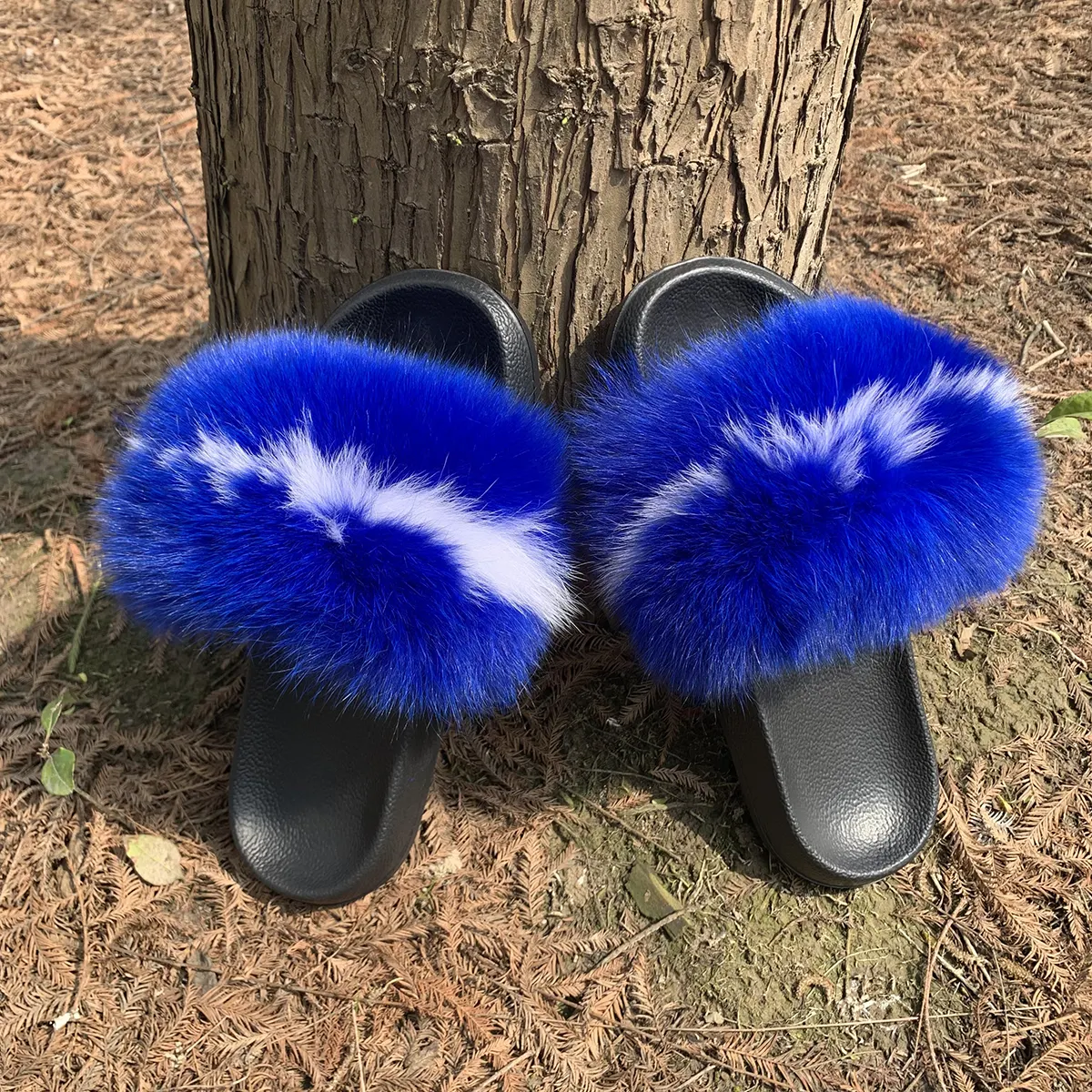 2024 ใหม่แฟชั่นสวมใส่รองเท้าแตะกลางแจ้ง Fox Fur ที่กําหนดเองรองเท้าแตะ Fuzzy สําหรับผู้หญิง