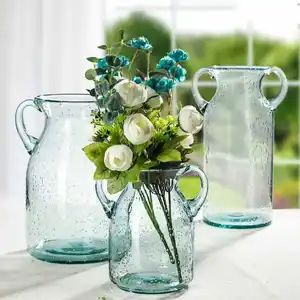 Vaso di vetro personalizzato elegante fiore manico fatto a mano doppio orecchio bolle d'aria vaso di vetro per centrotavola casa