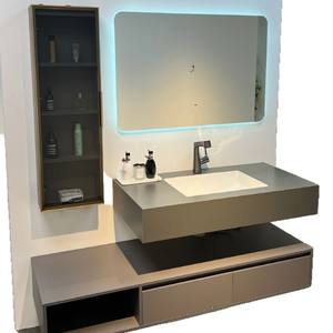 Meuble de salle de bain mural de style hôtel de luxe léger, avec lavabo en dalle de roche double couche sans joint et grande capacité de rangement - Product Image 6