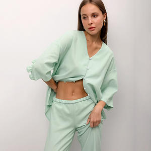 Pyjama en coton et lin pour femme, vêtements de nuit pour femme, à volants, manches trois-quarts, pantalon long, vêtements de détente amples - Product Image 2