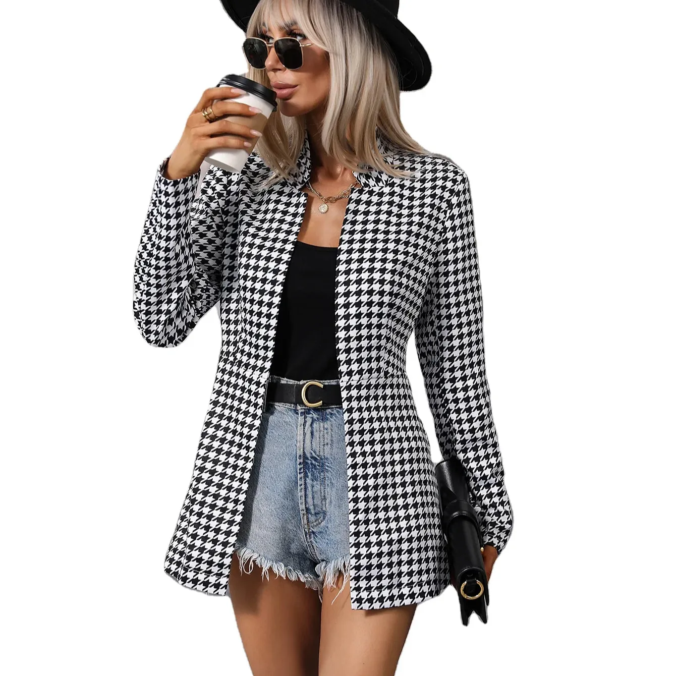 Manufacturers custom autumn and winter ladies coat fashion casual houndstooth pattern cardigan coats