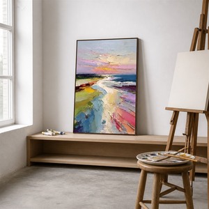Dipinto a Olio Astratto Personalizzato su Tela, Tramonto sulla Costa Rosa Viola Blu, Arte Murale a Impasto per Soggiorno e Arredamento Casa - Product Image 5