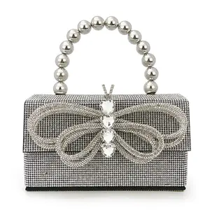 French Fairy Shiny Diamond Studded by Hand Gem Bow Small Square Bag Dinner Rhinestone Clutch Portable Messenger Bag