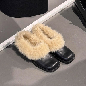 New Arrival Cowhide Loafers, Women Genuine Leather Square Toe <b>Block</b> Heel Fur Lined Warm Casual Shoes - Product Image 1