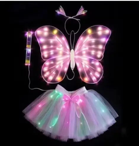 Alas de mariposa iluminadas con LED y falda tutú para niñas, conjunto de disfraces de alas de Ángel y mariposa, accesorios de escenario, alas de hadas luminosas