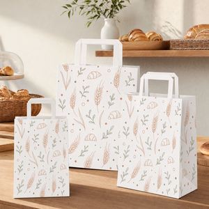 Sacs en papier kraft blancs imprimés sur mesure avec poignées plates, sacs d'emballage pour boulangerie, pain, pâtisserie, plats à emporter, vente en gros, recyclables - Product Image 5