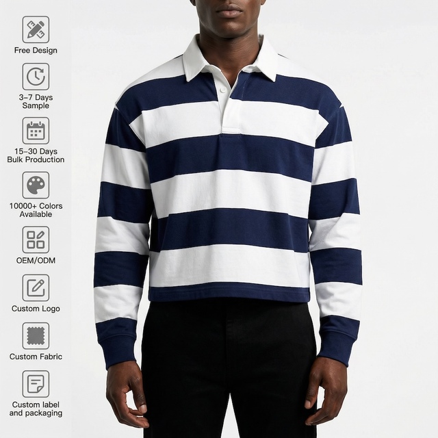2026 Trendy Long Sleeve Rugby Shirt Cropped Button up Rugby Polo Shirt with Neck Tape Long Sleeve Sport T Shirt for Unisex Gym