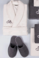 Gran oferta 100% Albornoz de rizo de algodón con toalla zapatilla blanco gris pareja mujeres y hombres batas con LOGOTIPO bordado personalizable
