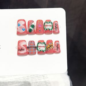 Lot de 10 <span class=keywords><strong>faux</strong></span> <span class=keywords><strong>ongles</strong></span> à presser rose corail, faits main, motif canard, lèvres 3D, perles, cœur, paillettes, bonbons, mignons, style Y2K - Product Image 3