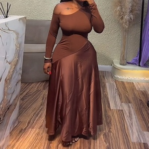 Robes longues trapèze sans bretelles à col asymétrique et taille haute pour femmes, à manches longues, tendance - Product Image 1