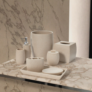 Ensemble d'accessoires de salle de bain 8 pièces en résine élégante et écologique, effet marbre : distributeur de savon, gobelet, plateau, porte-brosse à dents - Hôtel - Product Image 3