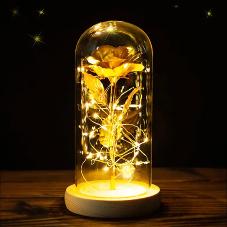 Newish Artificial Rose Flowers Golden Leaf Glass Cover Wood Base with Copper Wire Light Valentine's Day Gift Decoration Light