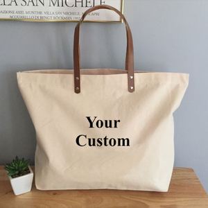Custom Large <b>Canvas</b> Cotton Tote Bag Leather Handles Personalized Women's Summer Autumn/Winter <b>Beach</b> Elegant Portable Handbag - Product Image 2