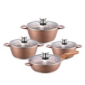 Ensemble de 8 ustensiles de cuisson en <span class=keywords><strong>aluminium</strong></span> moulé sous pression, finition rose doré, durable, antiadhésif, compatible four, avec casseroles et poêles profondes, couvercles en verre - Product Image 1