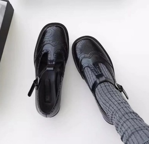 Zapatos Mary Jane de brocado con lunares estilo francés MIU para mujer - cuero genuino, hebilla en forma de T, tacón grueso, zapatos de cuero pequeños - Product Image 1