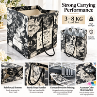 Sac de shopping personnalisé à imprimé floral avec poignées en corde, boîte cadeau carrée à fleurs avec poignée, noir et blanc, pour boutiques, cadeaux de détail
