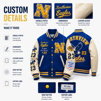 Veste universitaire personnalisée avec logo pour homme, bleu royal, corps en laine, manches en cuir crème, veste de style Letterman, broderie de patchs en chenille, fabrication OEM