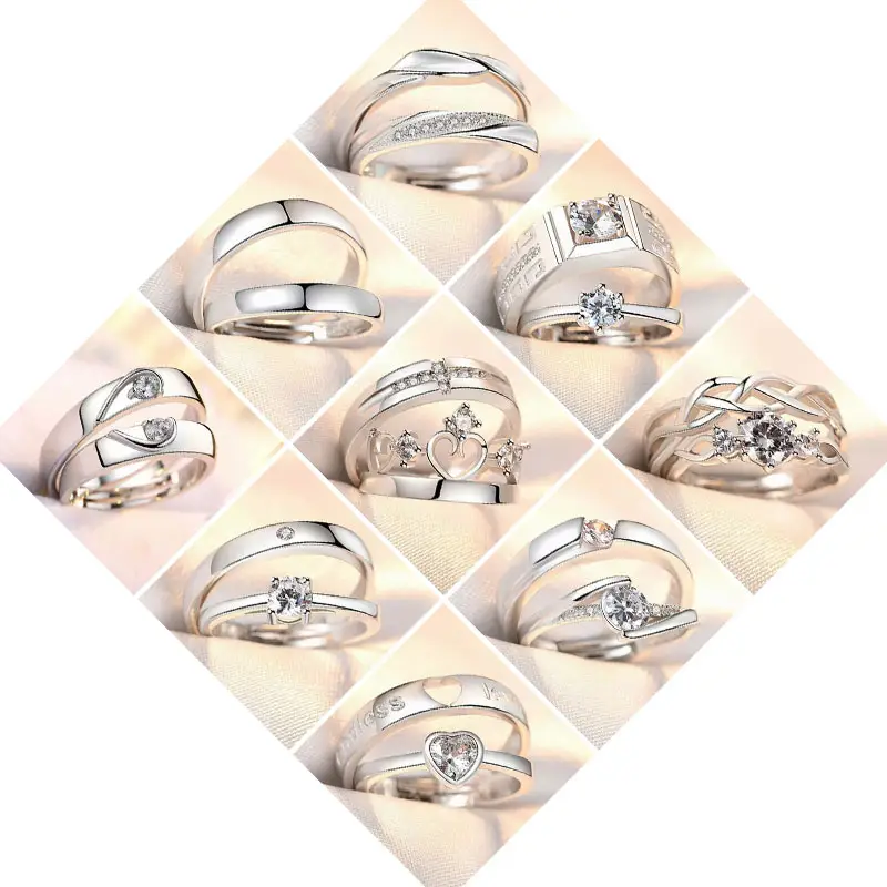 ファッショナブルなキュービックジルコニアカップルリングセット調節可能なオープンハートクラウンラウンドオーバル女性の婚約結婚指輪