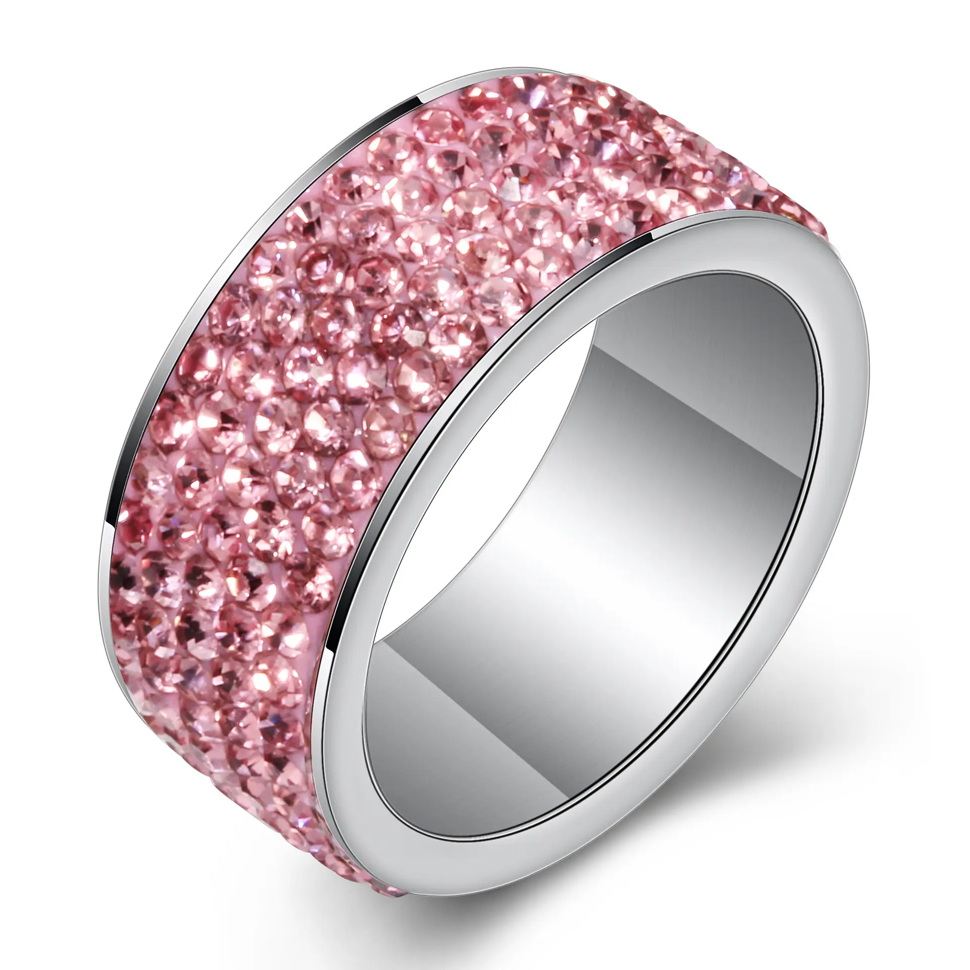Anillos De Boda 다채로운 5 행 다이아몬드 웨딩 디자인 올리브 그린 핑크 큐빅 지르코니아 반지 스테인레스 스틸 반지