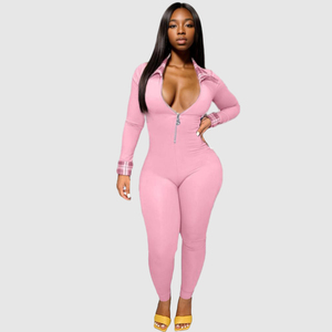 Combinaison moulante à fermeture éclair, col rabattu, couleur unie, mode féminine - Product Image 1