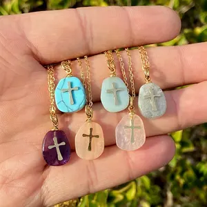 Fashion Simple Style Amethyst Turquoise Quartz Natural Stone Stainless Steel Cross Pendant Necklace Jewelry For Woman Ladies